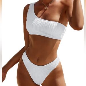 NWT YIMISAN Women's Ribbed Bikini Set One Shoulder Top Mid Waist White Medium